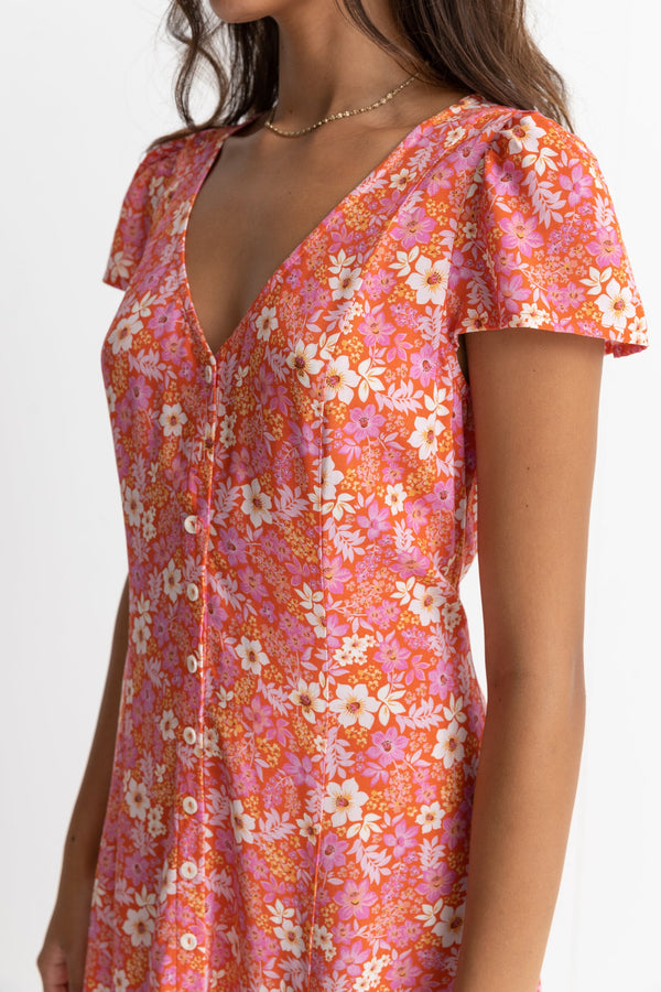 Luna Floral Cap Sleeve Midi Dress Red