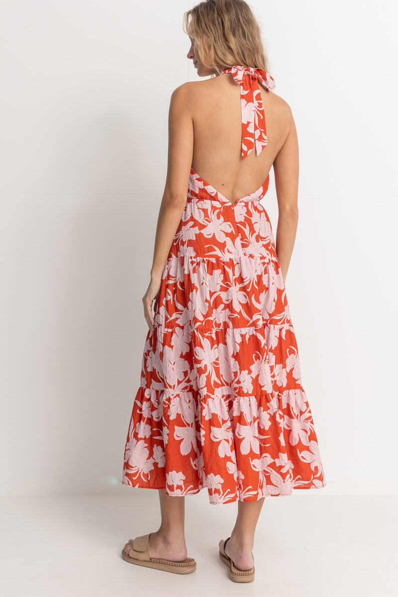 Catalina Floral Halter Tiered Maxi Dress Red