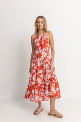 Catalina Floral Halter Tiered Maxi Dress Red