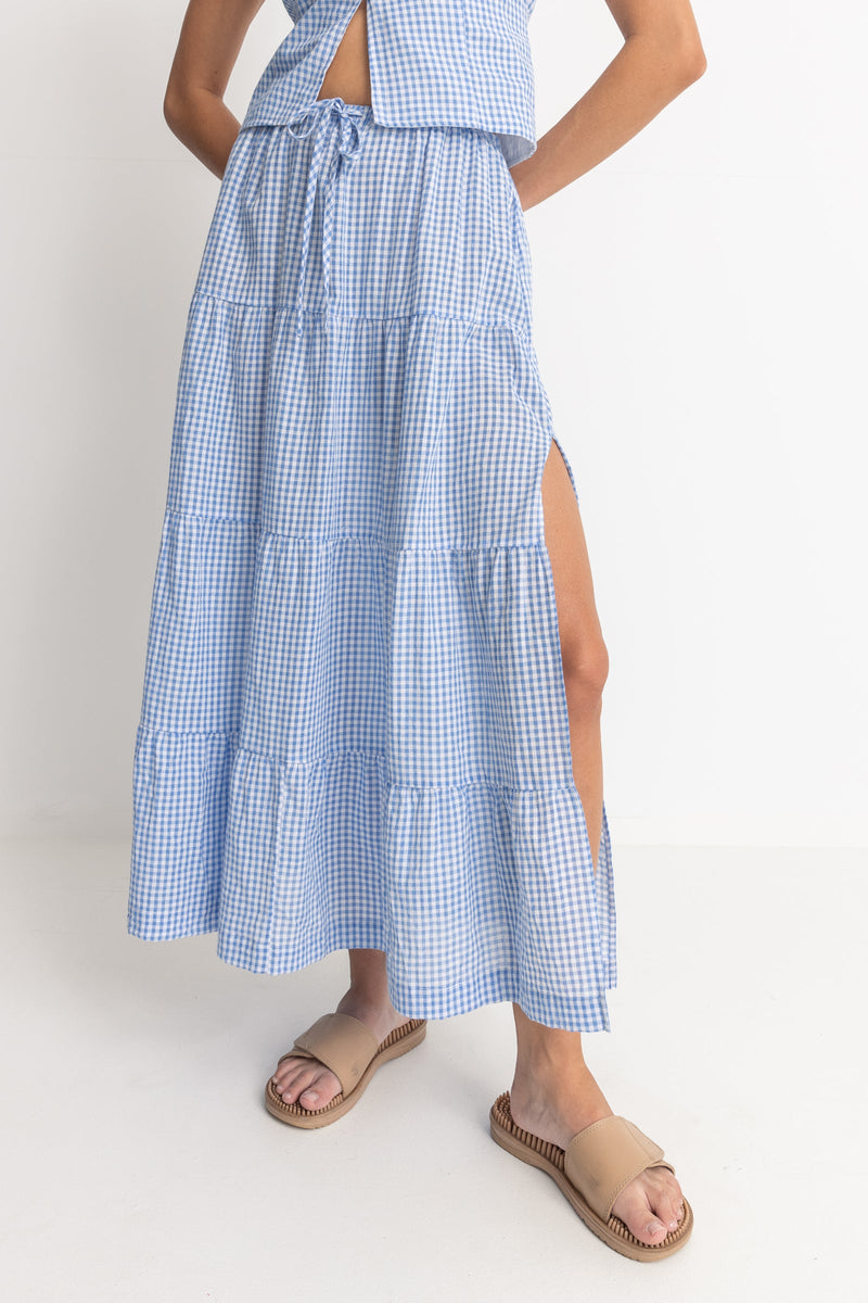 Lola Check Tiered Maxi Skirt Blue