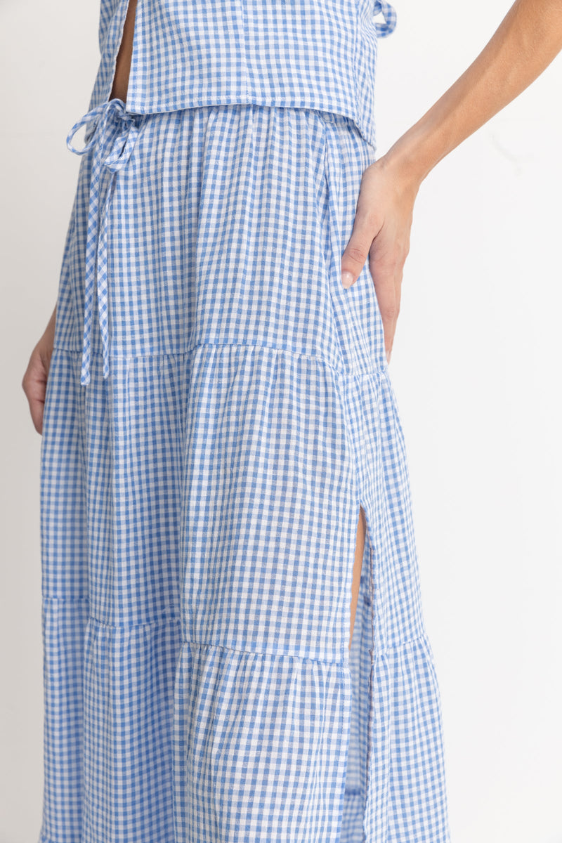 Lola Check Tiered Maxi Skirt Blue