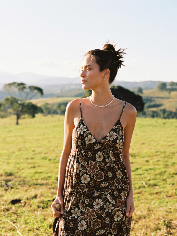 Cantabria Floral Tiered Midi Dress Brown
